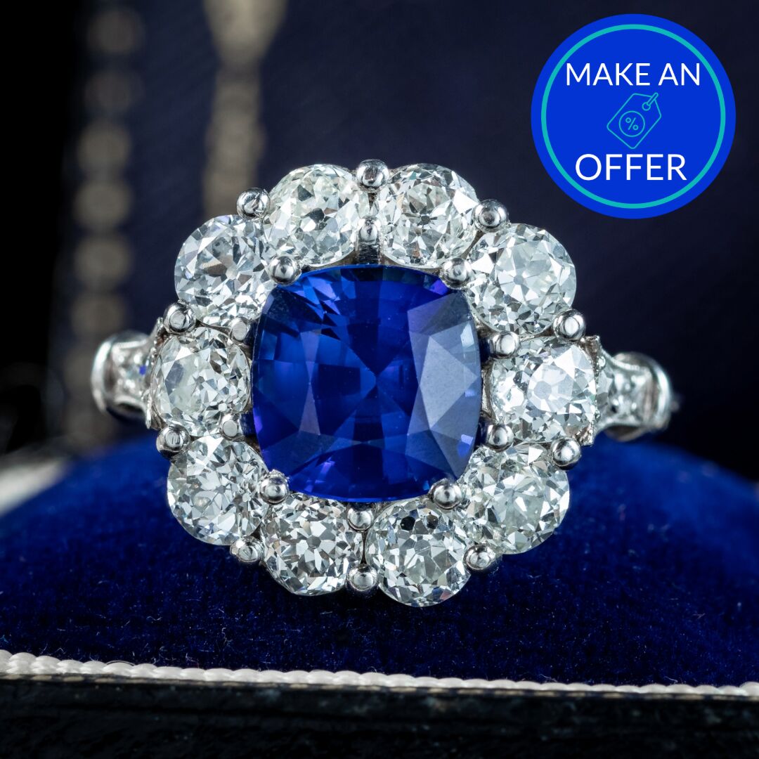 Edwardian Style Sapphire Diamond Cluster Ring 2.42ct Natural Sapphire