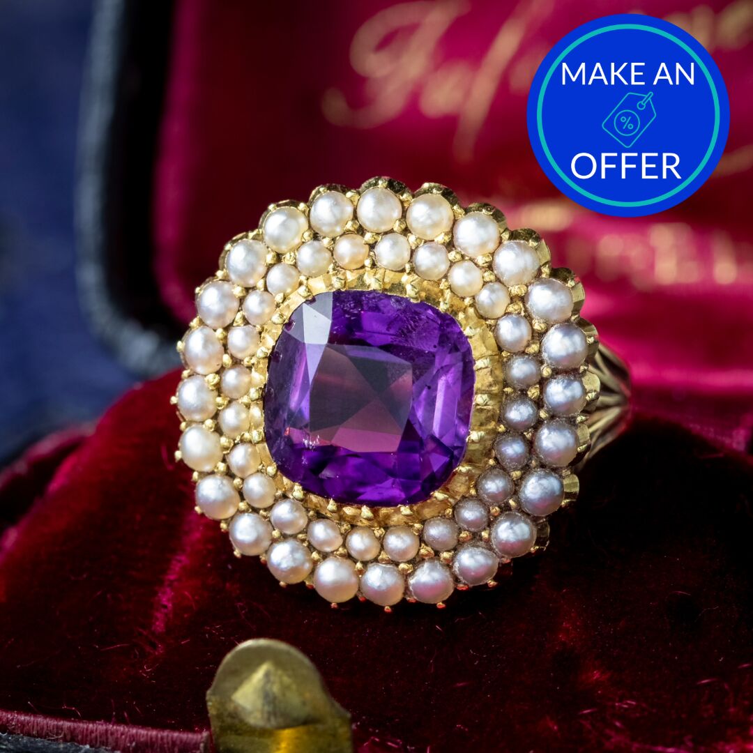 Antique Victorian Amethyst Pearl Cluster Ring 4ct Amethyst