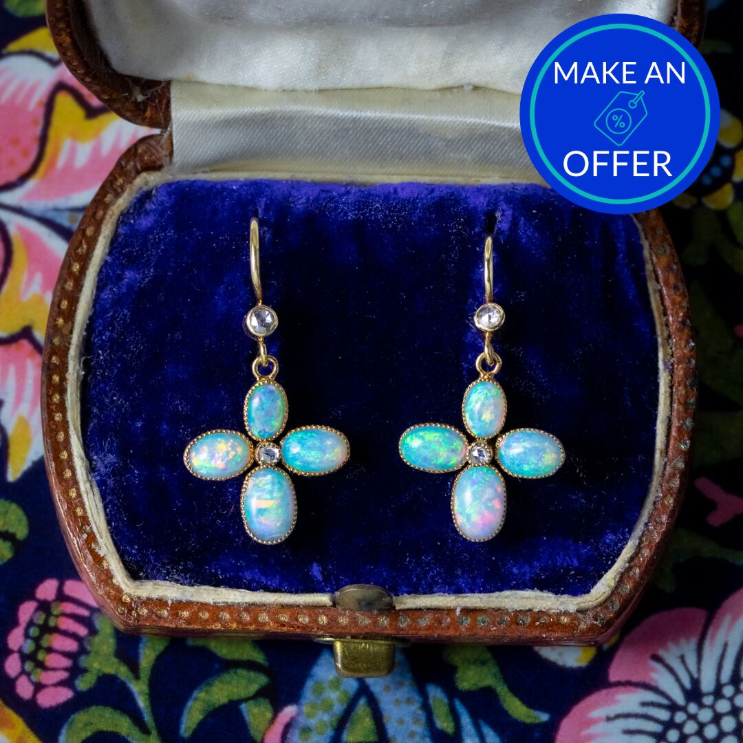 Antique Victorian Opal Diamond Drop Earrings 18ct Gold