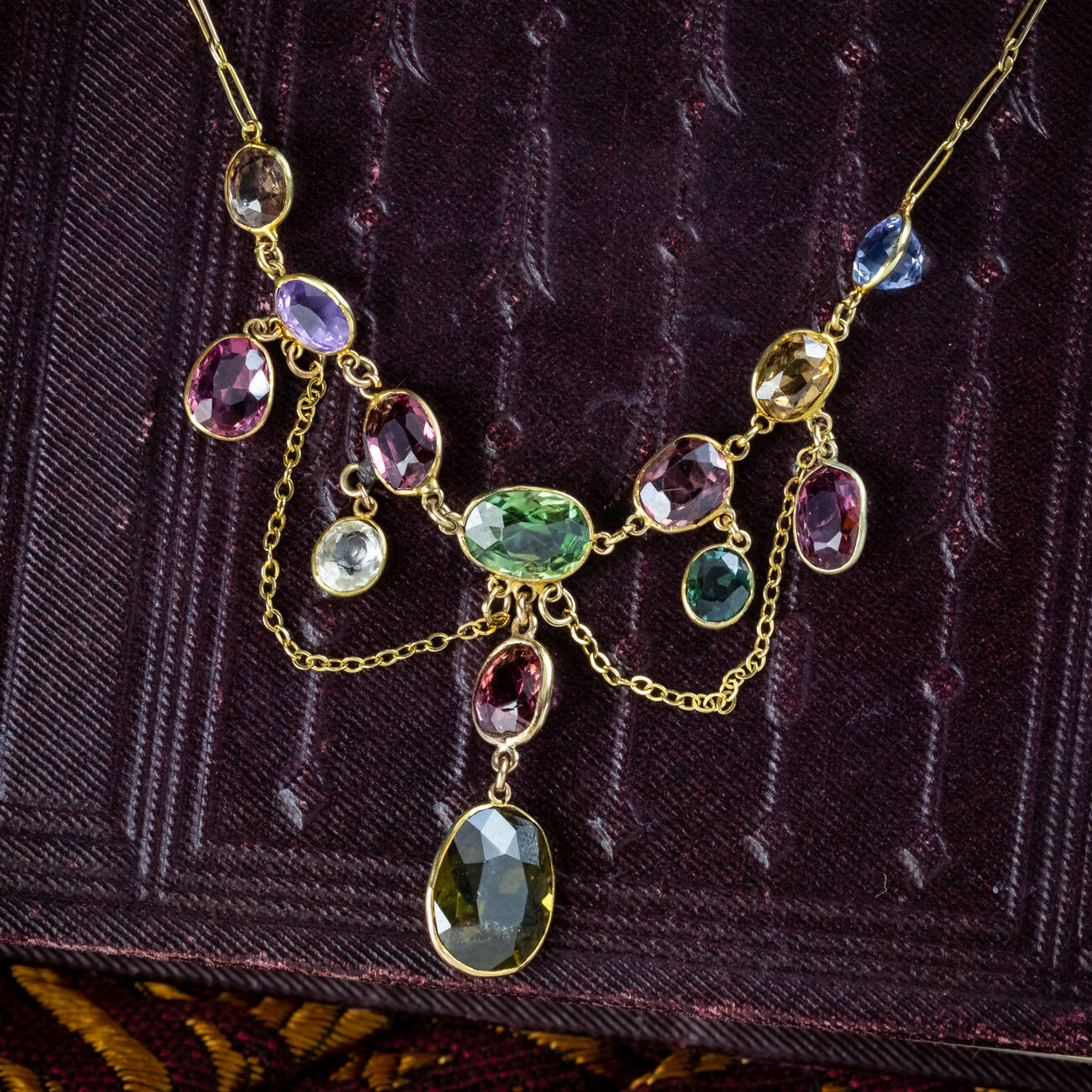 Antique Victorian Gemstone Harlequin Dropper Necklace 9ct Gold