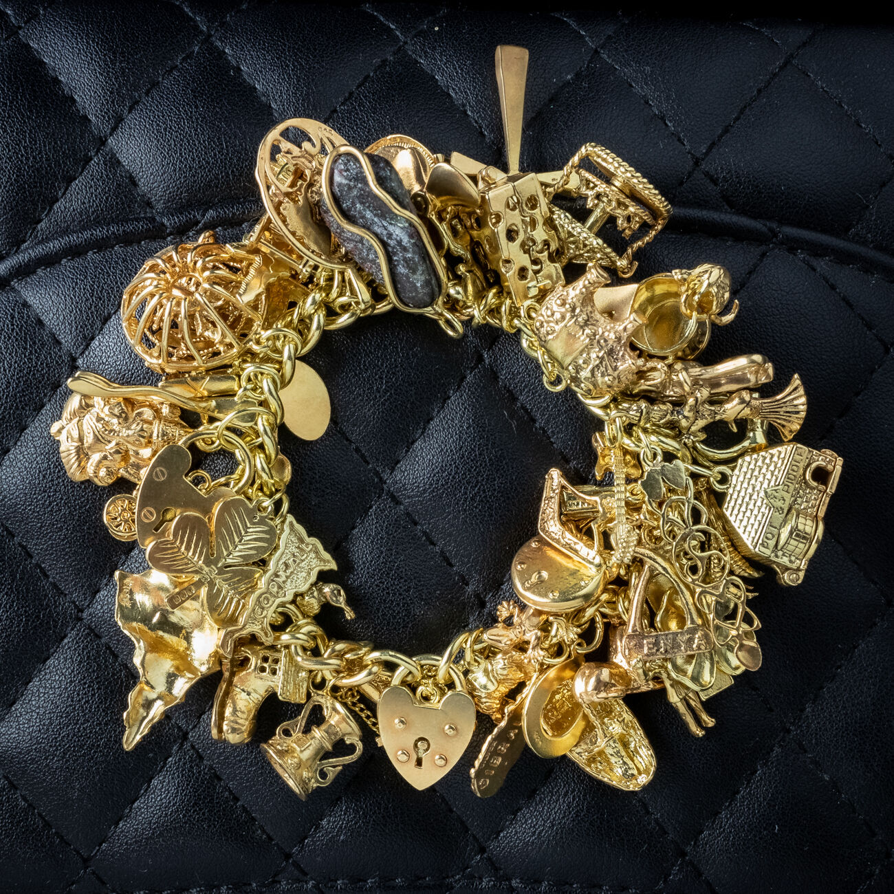 Vintage Charm Bracelet Silver 18ct Gold Gilt 51 Charms