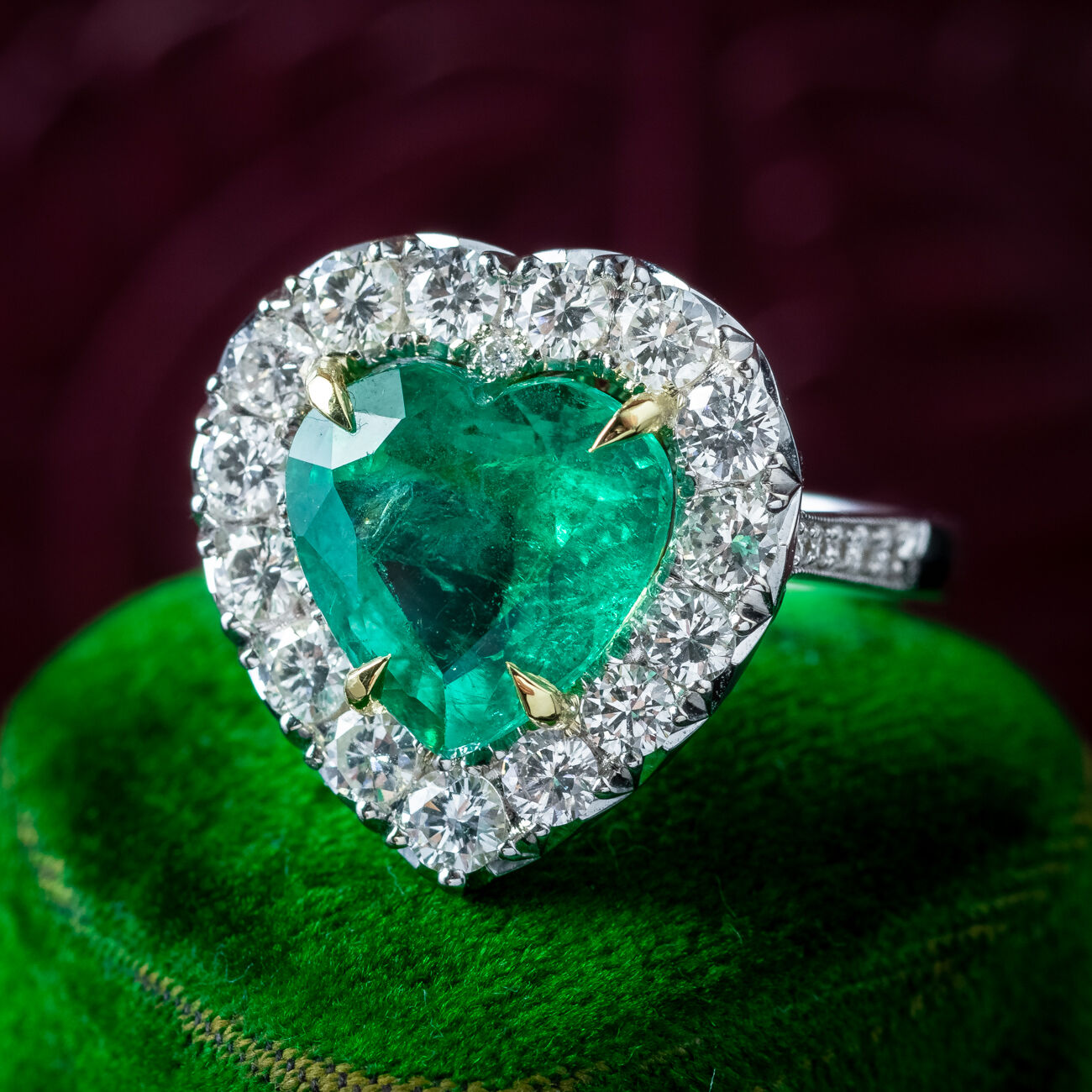 Edwardian Style Emerald Diamond Heart Ring 3.90ct Emerald