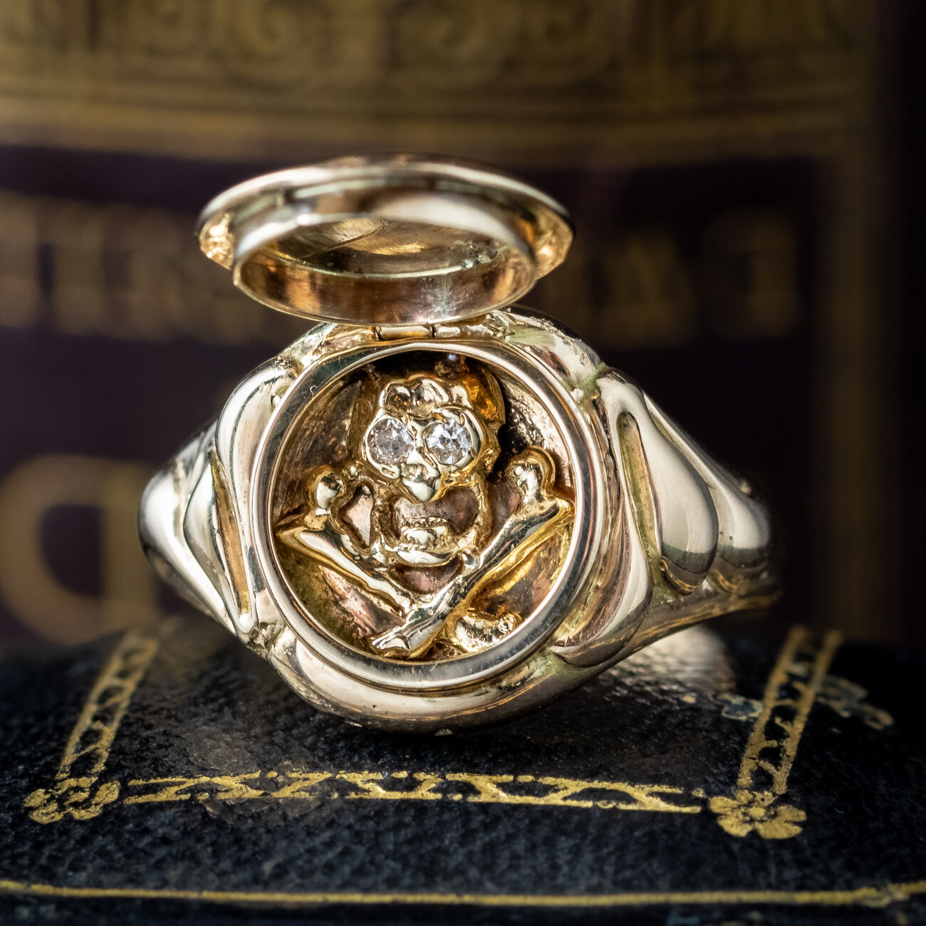 Georgian Style Memento Mori Locket Ring With Diamond Skull