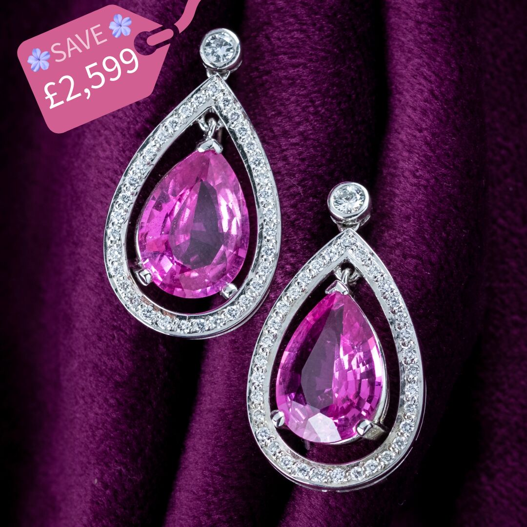 Vintage Pink Sapphire Diamond Teardrop Earrings 18ct Gold 8ct Sapphire