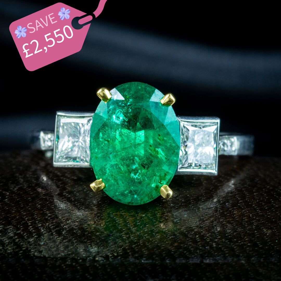 Art Deco Style Emerald Diamond Trilogy Ring 2.51ct Emerald With Cert