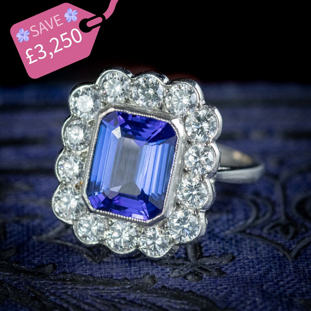 Art Deco Style Tanzanite Diamond Cluster Ring 3.50ct Tanzanite