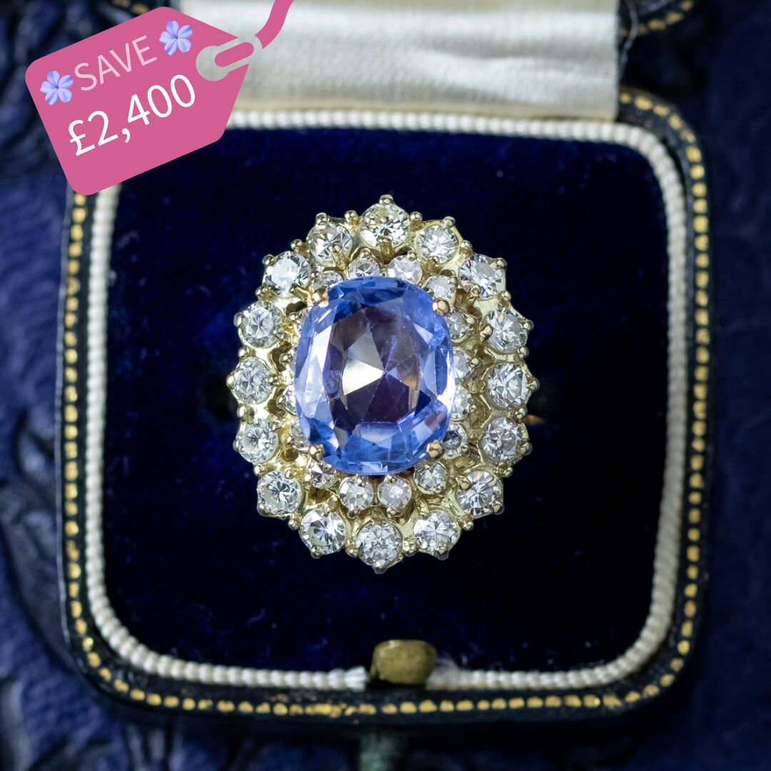 Vintage Ceylon Sapphire Diamond Cluster Ring 4.29ct Sapphire With Cert