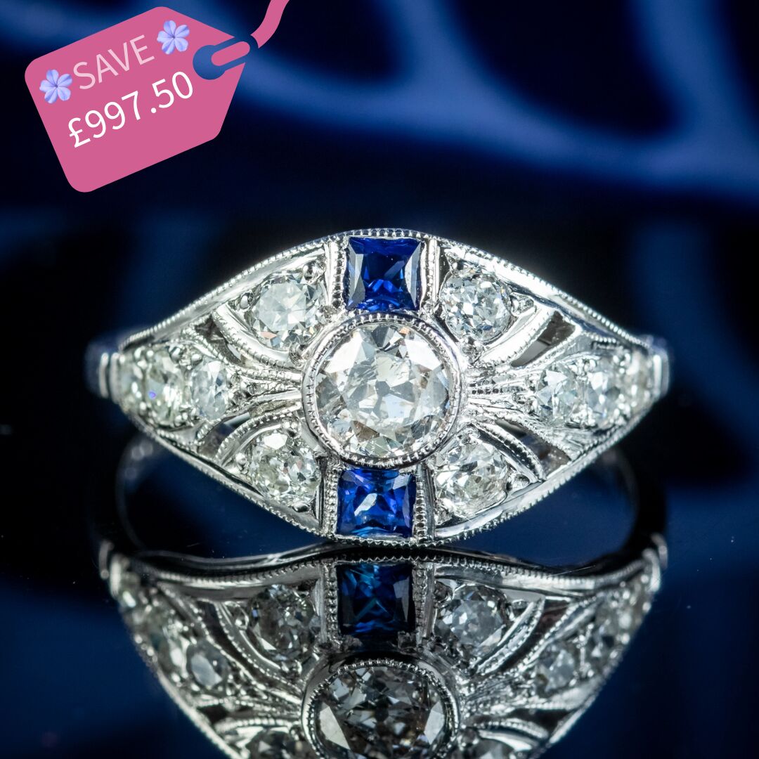 Art Deco Style Sapphire Diamond Cluster Ring 1.05ct Of Diamond