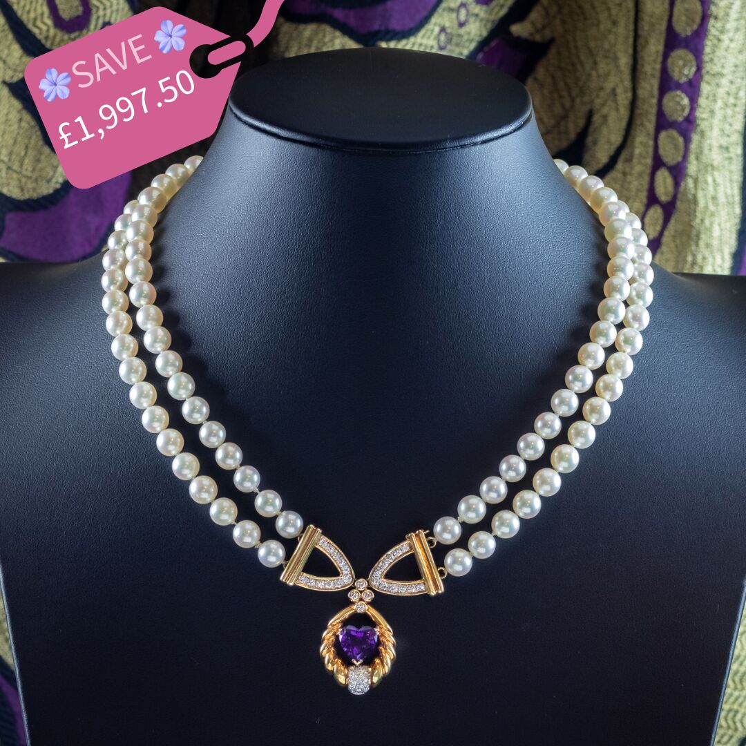 Vintage Pearl Necklace Diamond Amethyst Heart Clasp