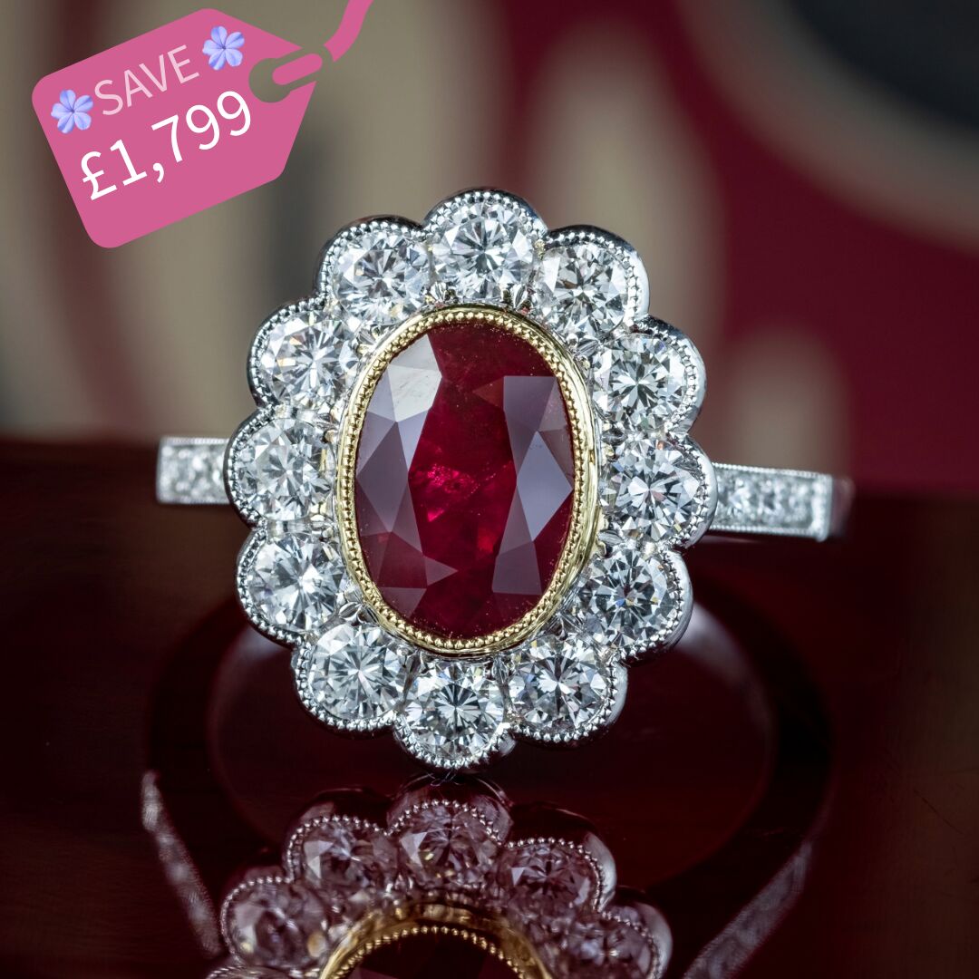 Edwardian Style Ruby Diamond Cluster Ring 2.05ct Burmese Ruby