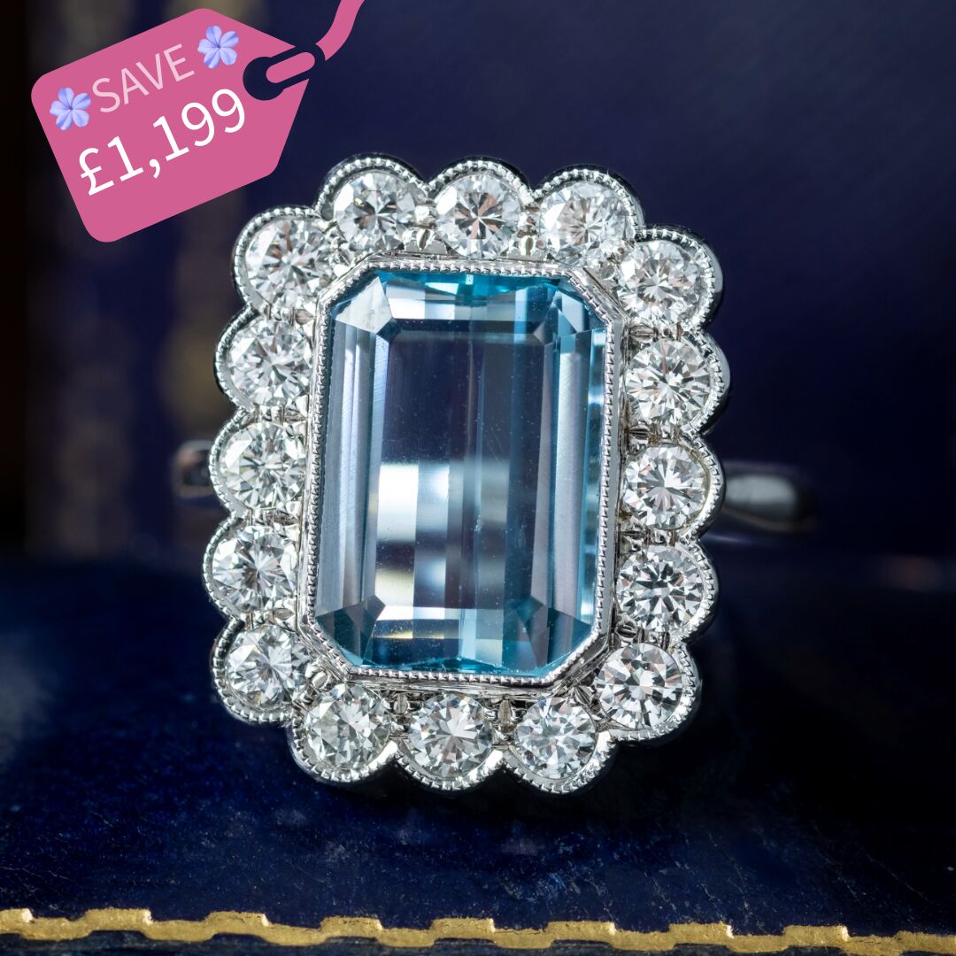 Edwardian Style Aquamarine Diamond Cluster Ring 3.93ct Aqua