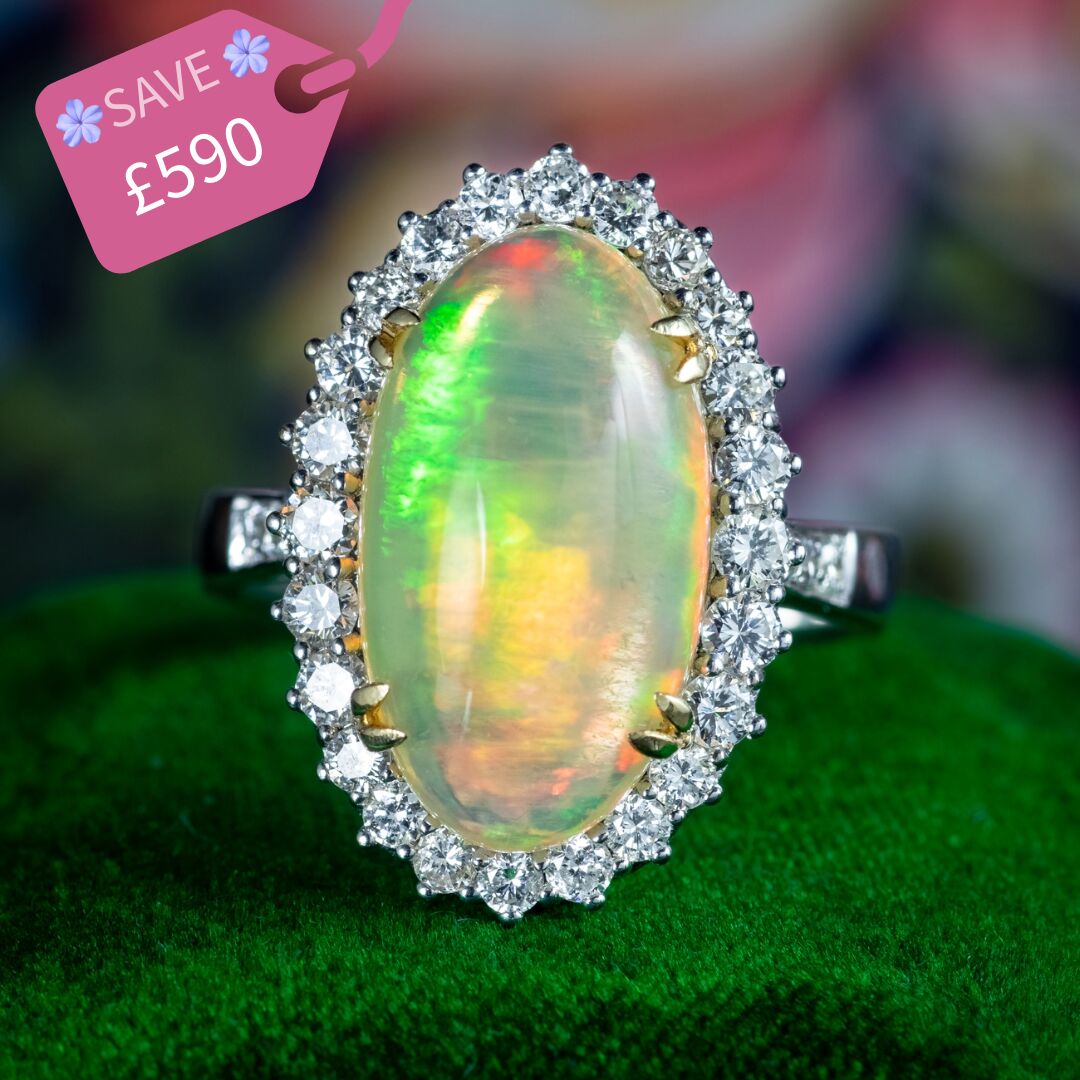 Edwardian Style Opal Diamond Cluster Ring 5.20ct Natural Opal