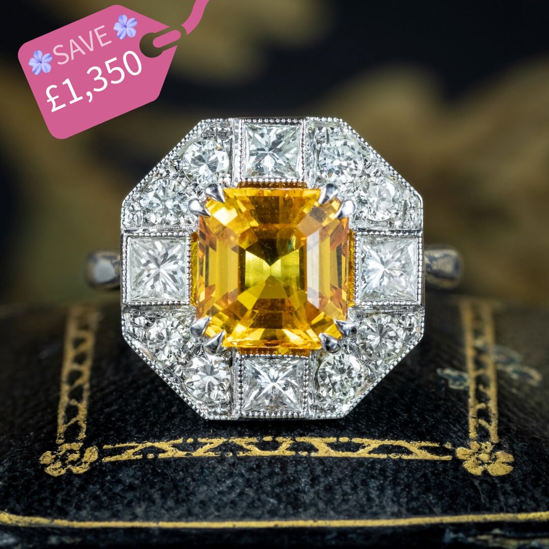 Art Deco Style Yellow Sapphire Diamond Cluster Ring 3.78ct Sapphire