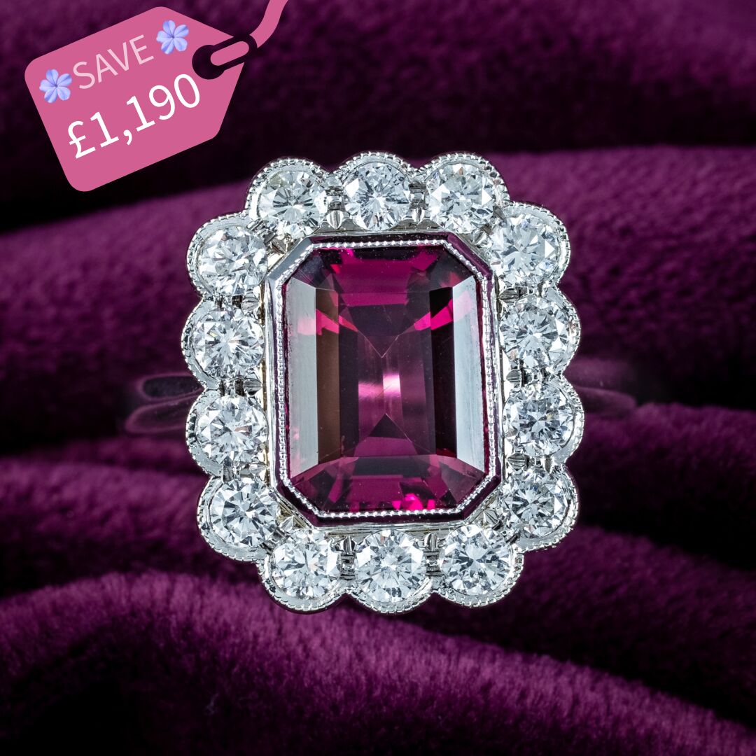 Edwardian Style Pink Tourmaline Diamond Cluster Ring 3.10ct Tourmaline