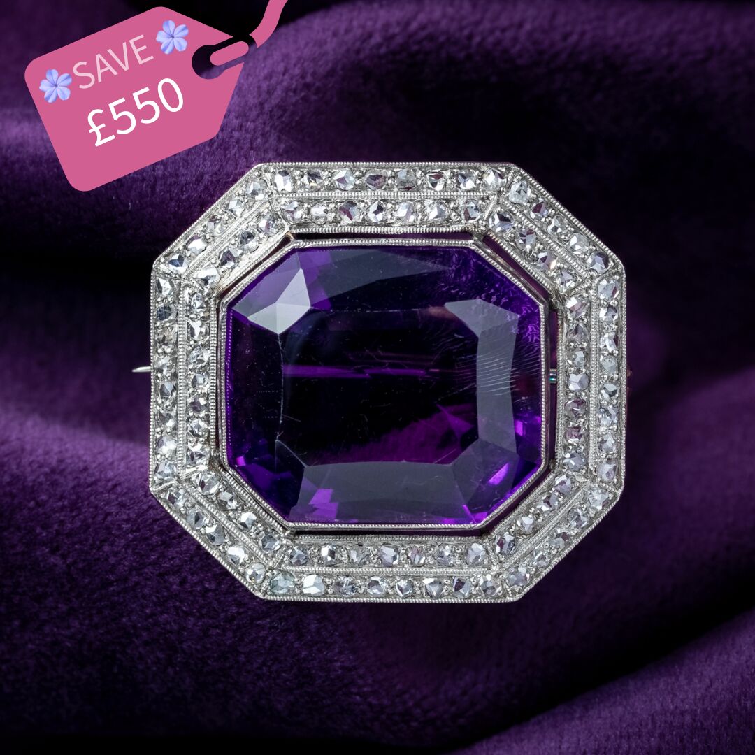 Art Deco Amethyst Diamond Brooch 18ct Gold 20ct Amethyst