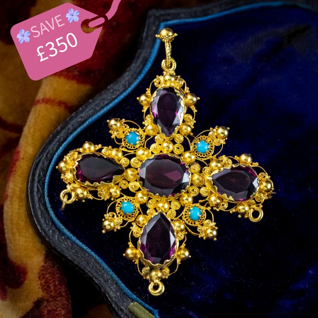 Antique Georgian Garnet Turquoise Pendant Brooch 18ct Gold