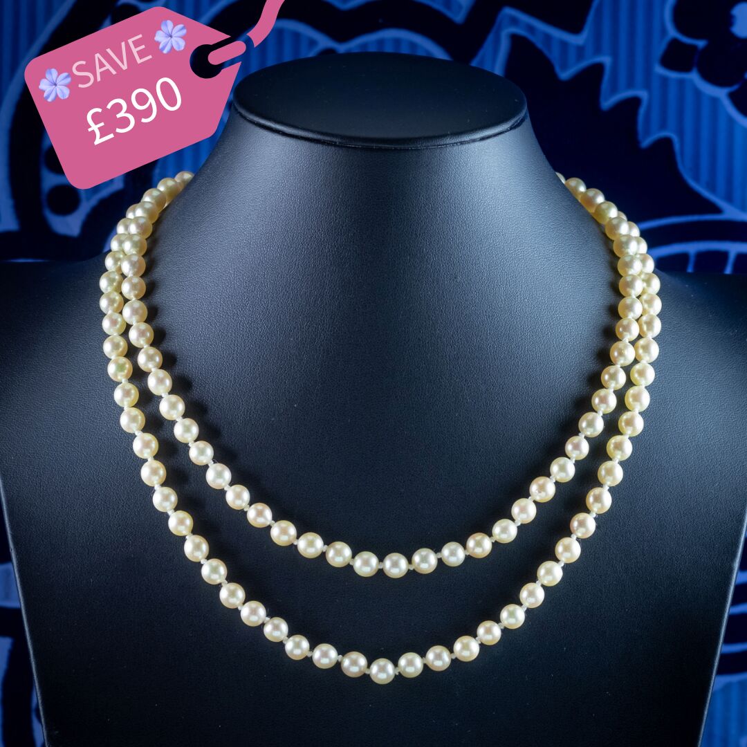 Vintage Double Strand Pearl Necklace With Blue Topaz Clasp