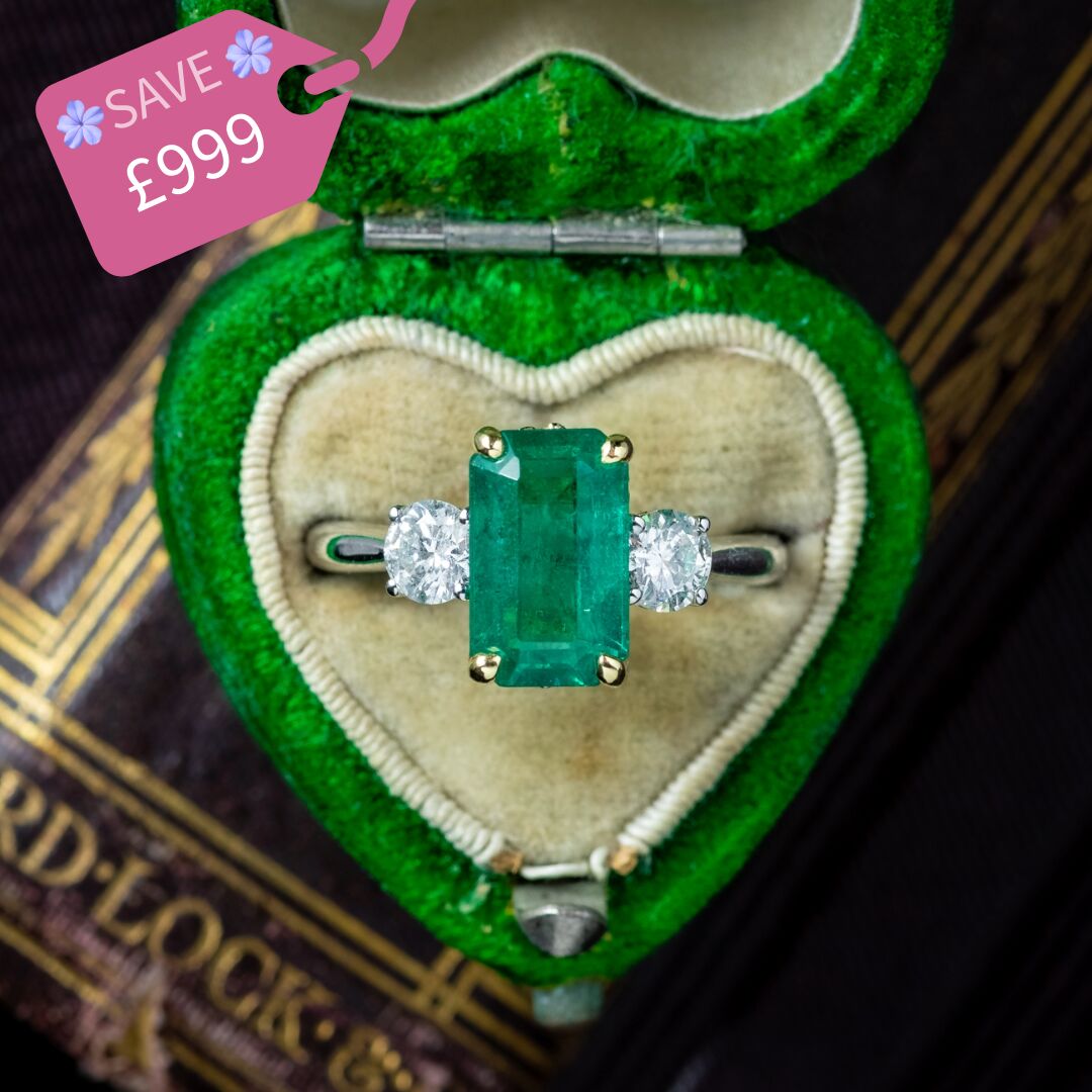 Edwardian Style Emerald Diamond Trilogy Ring 3.08ct Emerald