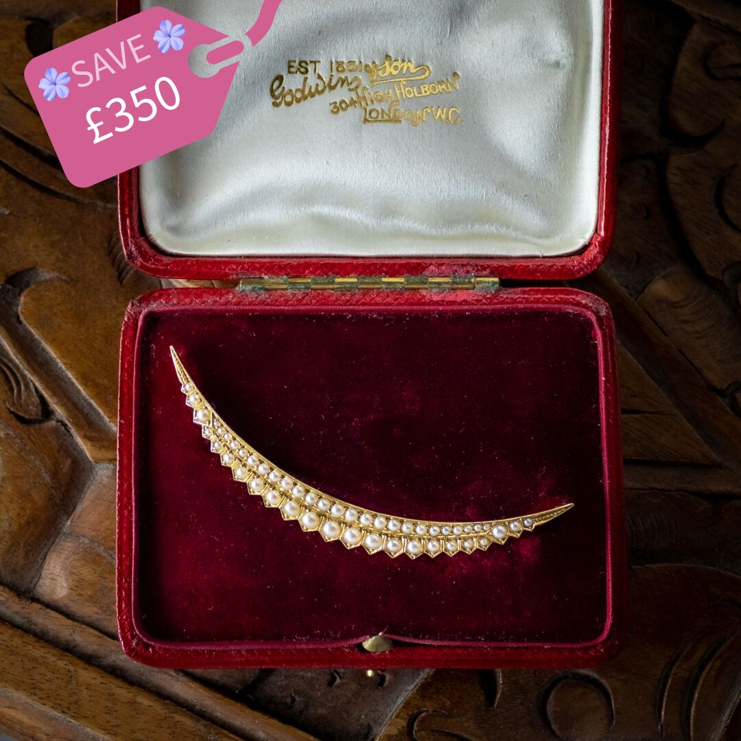 Antique Victorian Pearl Crescent Moon Brooch 18ct Gold With Box