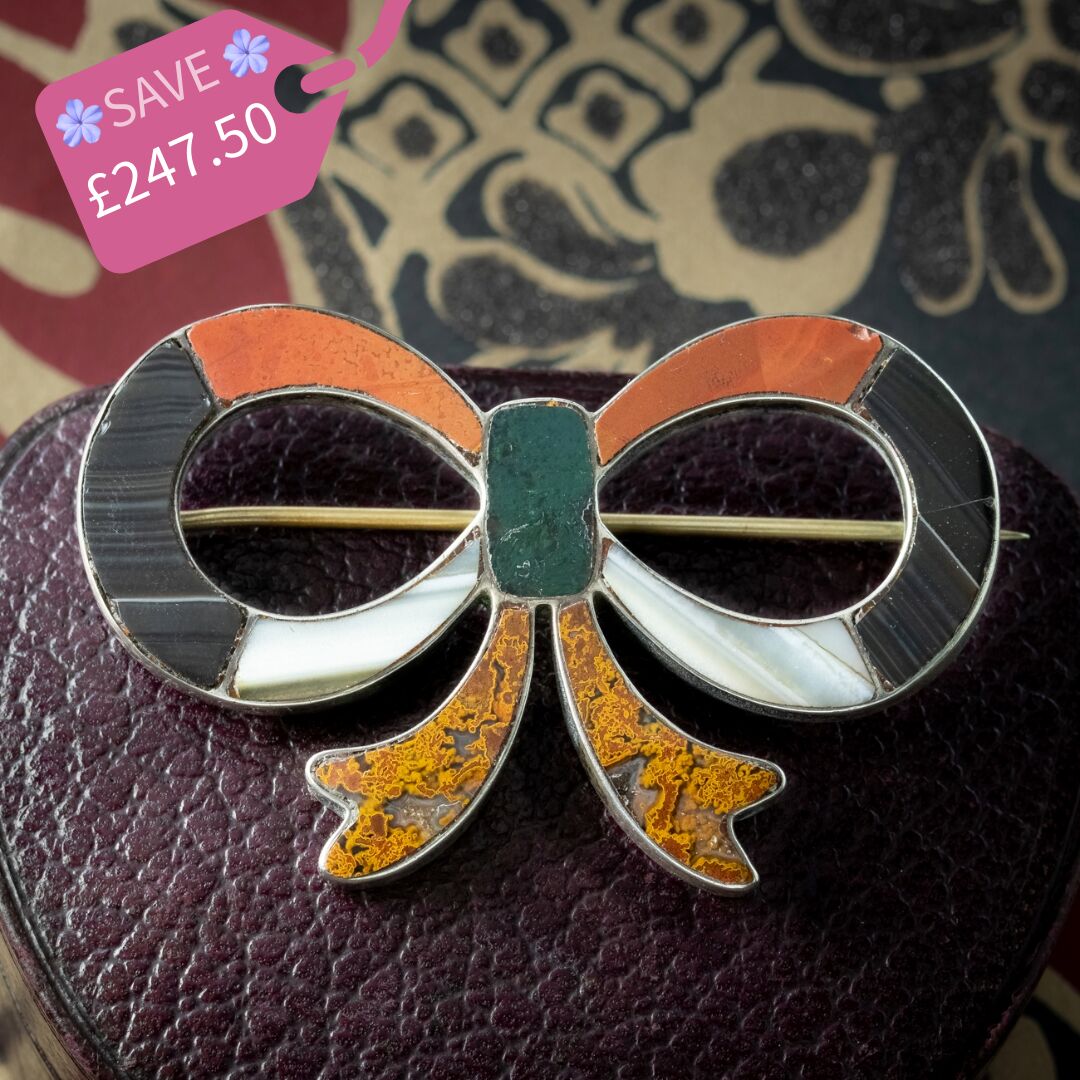 Antique Victorian Scottish Agate Bow Brooch Silver