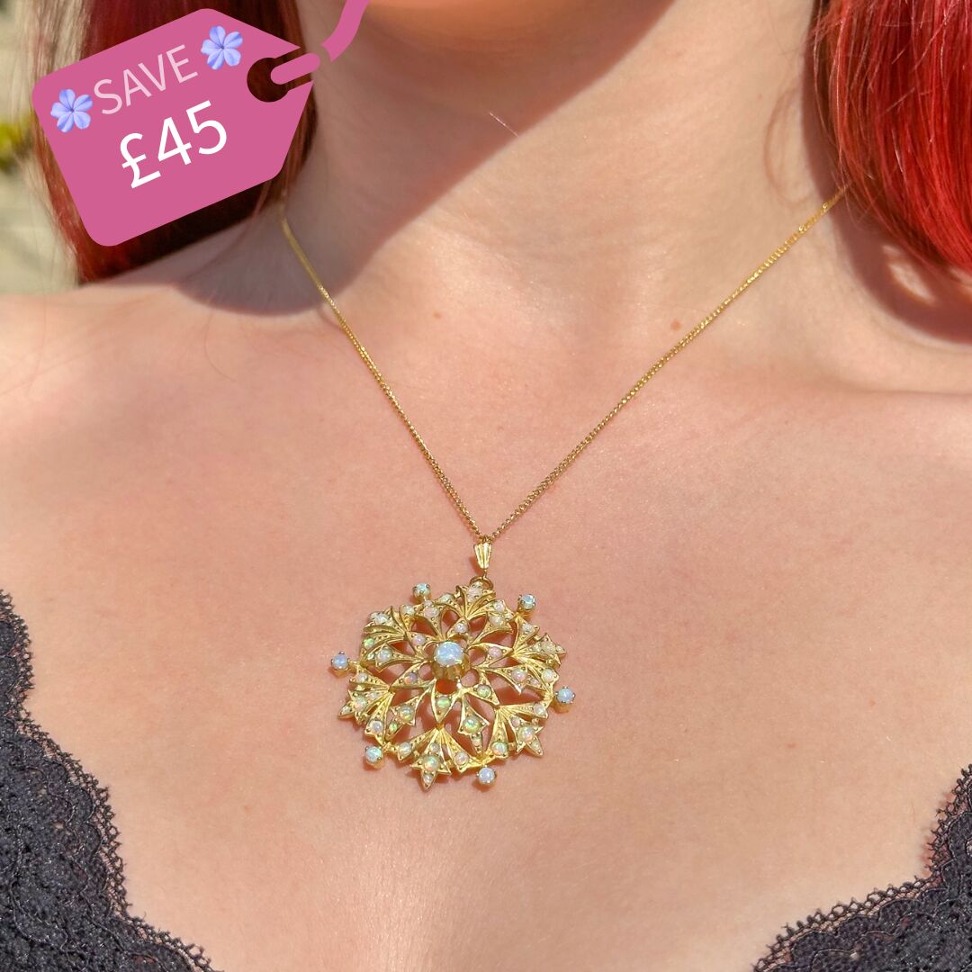 Victorian Style Opal Starburst Pendant Necklace Silver 18ct Gold Gilt