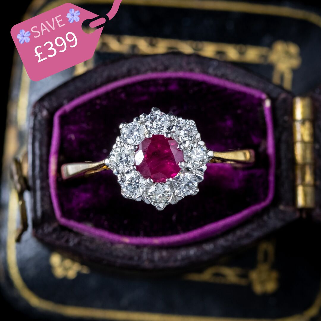 Vintage Ruby Diamond Cluster Ring 0.65ct Ruby
