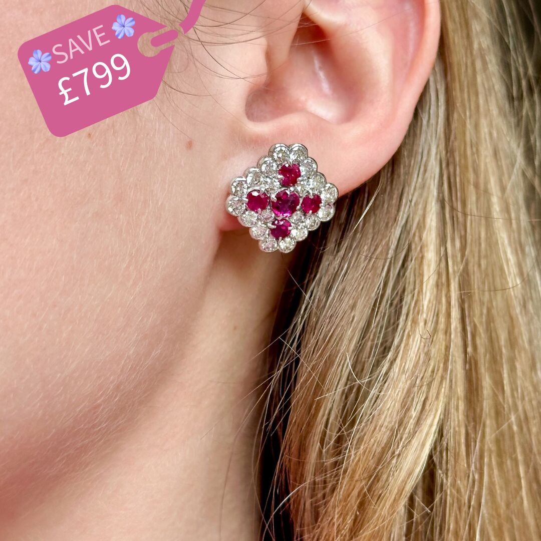 Art Deco Ruby Diamond Cluster Earrings 1.8ct Ruby 4ct Diamond