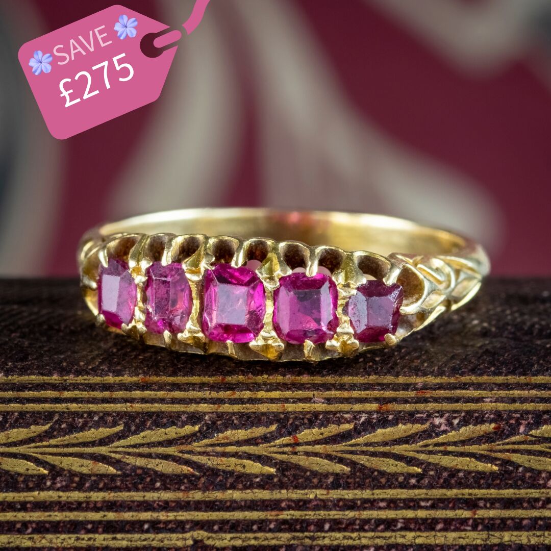 Antique Victorian Ruby Five Stone Ring 0.90ct Total