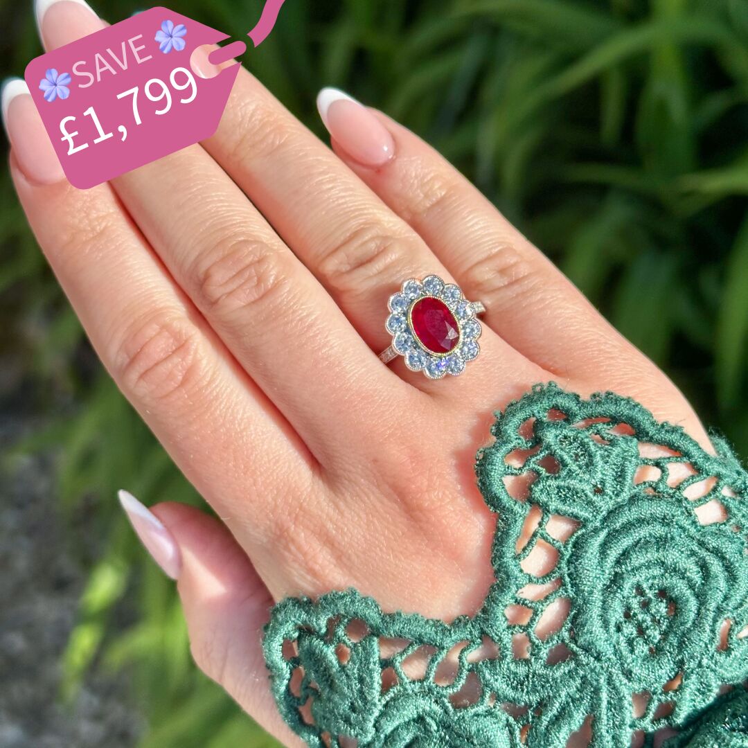 Edwardian Style Ruby Diamond Cluster Ring 2.05ct Burmese Ruby