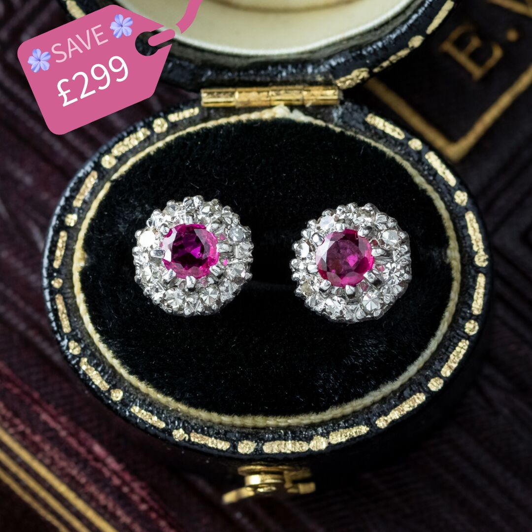 Antique Edwardian Ruby Diamond Cluster Stud Earrings