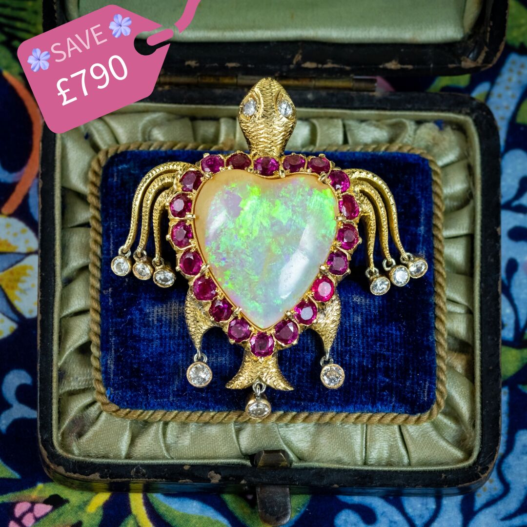 Vintage Opal Ruby Diamond Turtle Heart Brooch 18ct Gold Made By Nardi