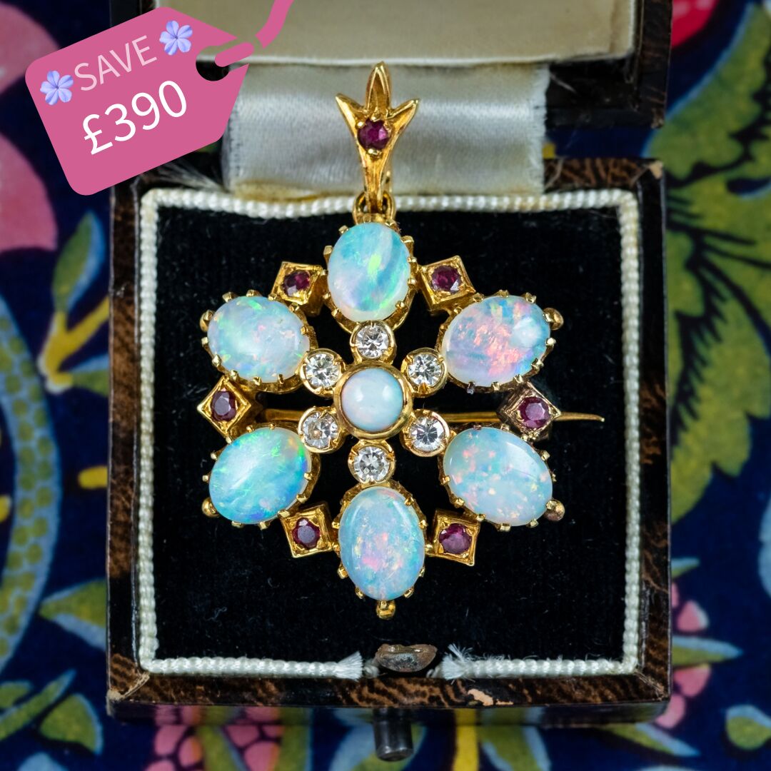 Antique Edwardian Opal Ruby Diamond Pendant Brooch 18ct Gold