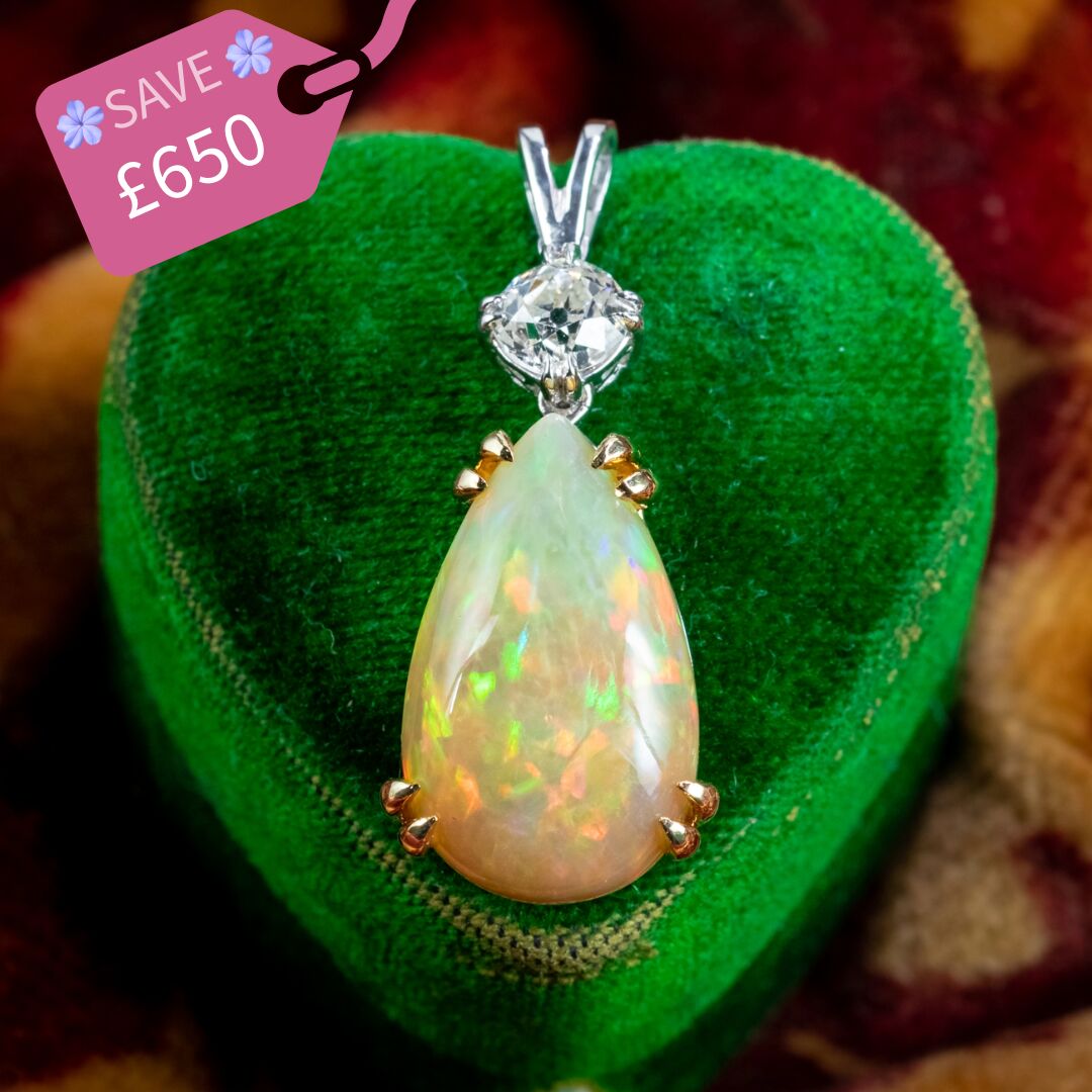 Edwardian Style Opal Diamond Pendant 18ct Gold 5.46ct Opal