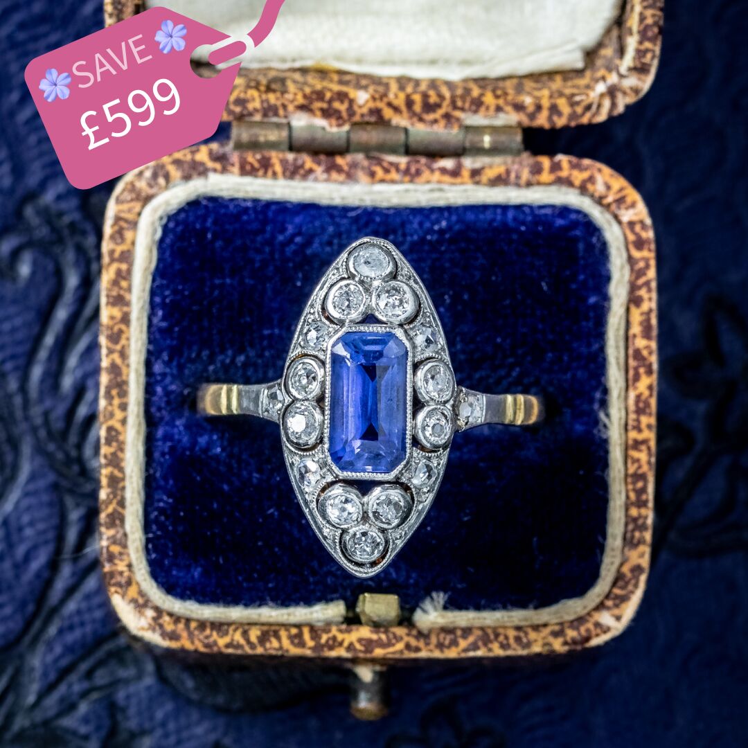 Antique Victorian Sapphire Diamond Navette Ring 1.2ct Sapphire