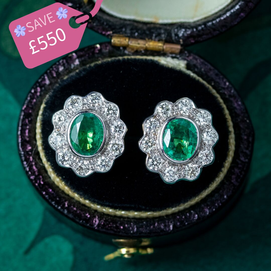 Edwardian Style Emerald Diamond Cluster Earrings 18ct Gold 0.60ct Emeralds