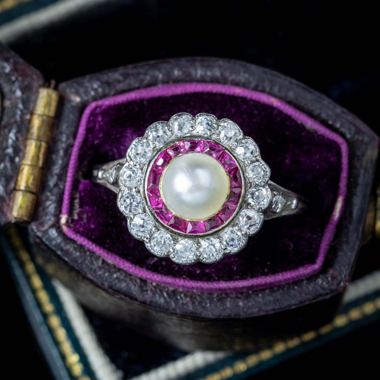 Antique Art Deco Ruby Diamond Pearl Cluster Ring