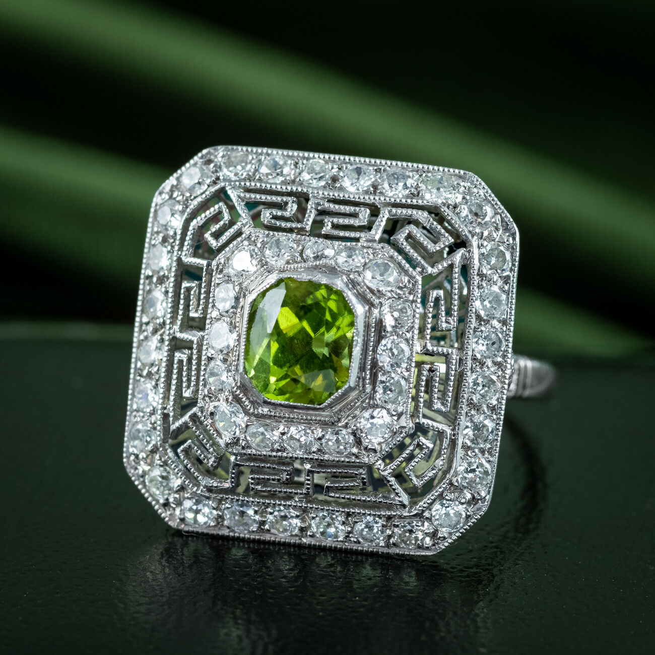 Art Deco Peridot Diamond Cluster Cocktail Ring