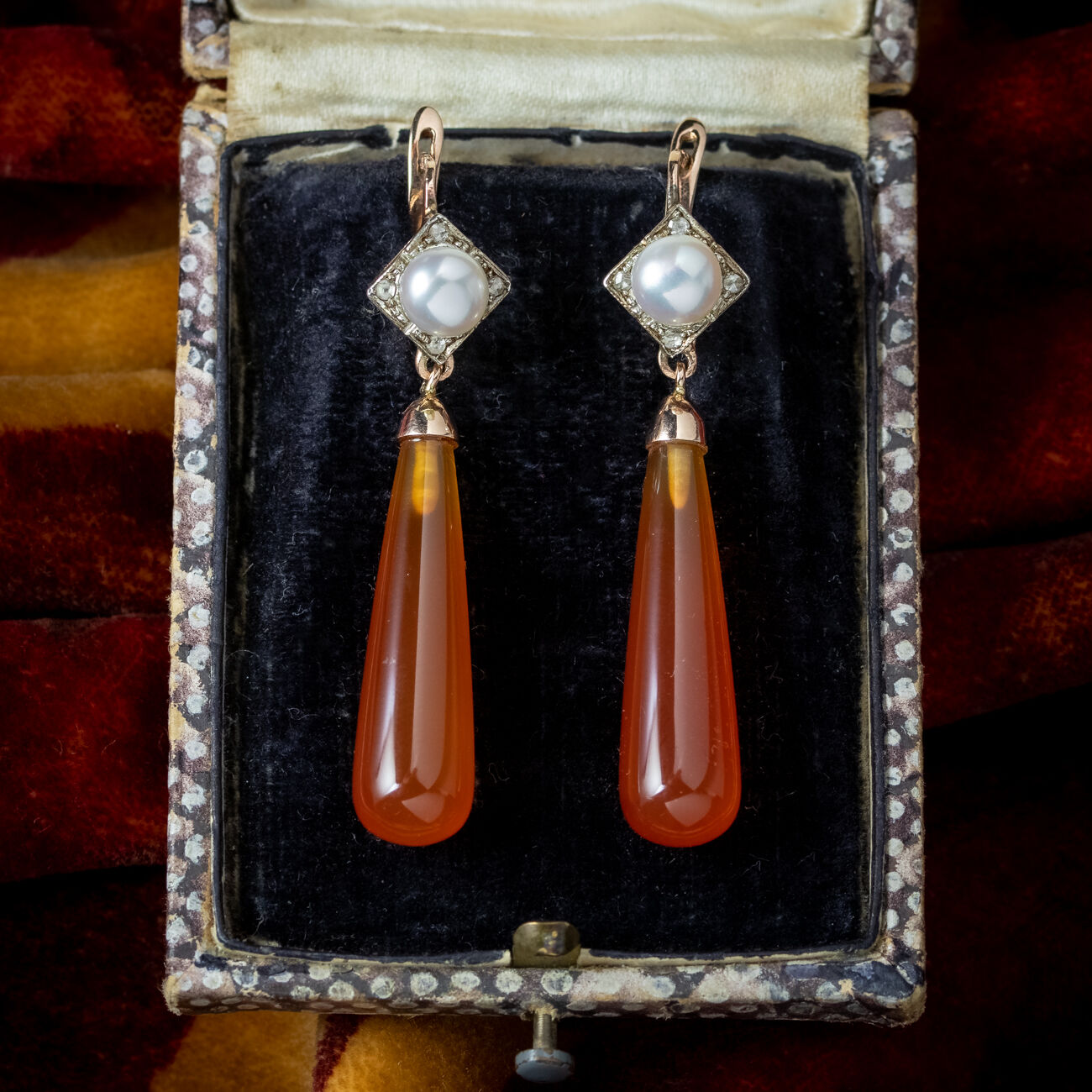 Art Deco Carnelian Diamond Pearl Drop Earrings 9ct Gold