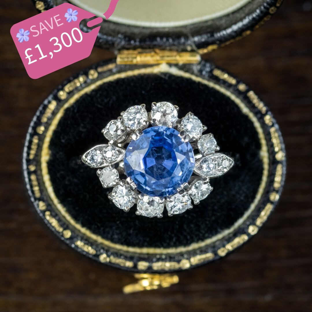 Vintage Sapphire Diamond Cluster Ring 3.30ct Sapphire With Cert