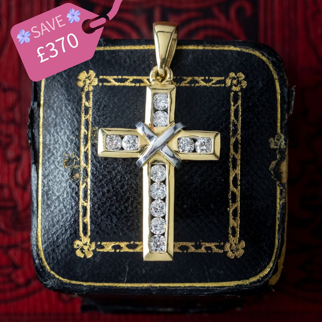 Vintage Diamond Cross Pendant 18ct Gold 0.88ct Total