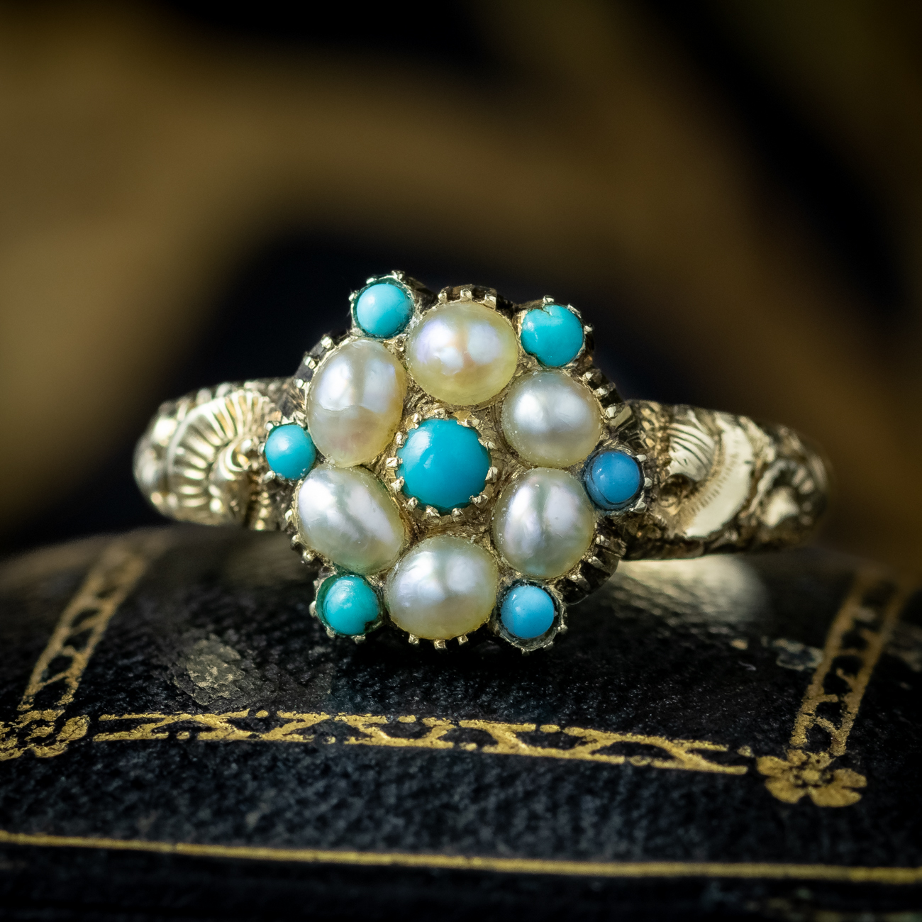 Antique Georgian Turquoise Pearl Flower Cluster Ring With Locket