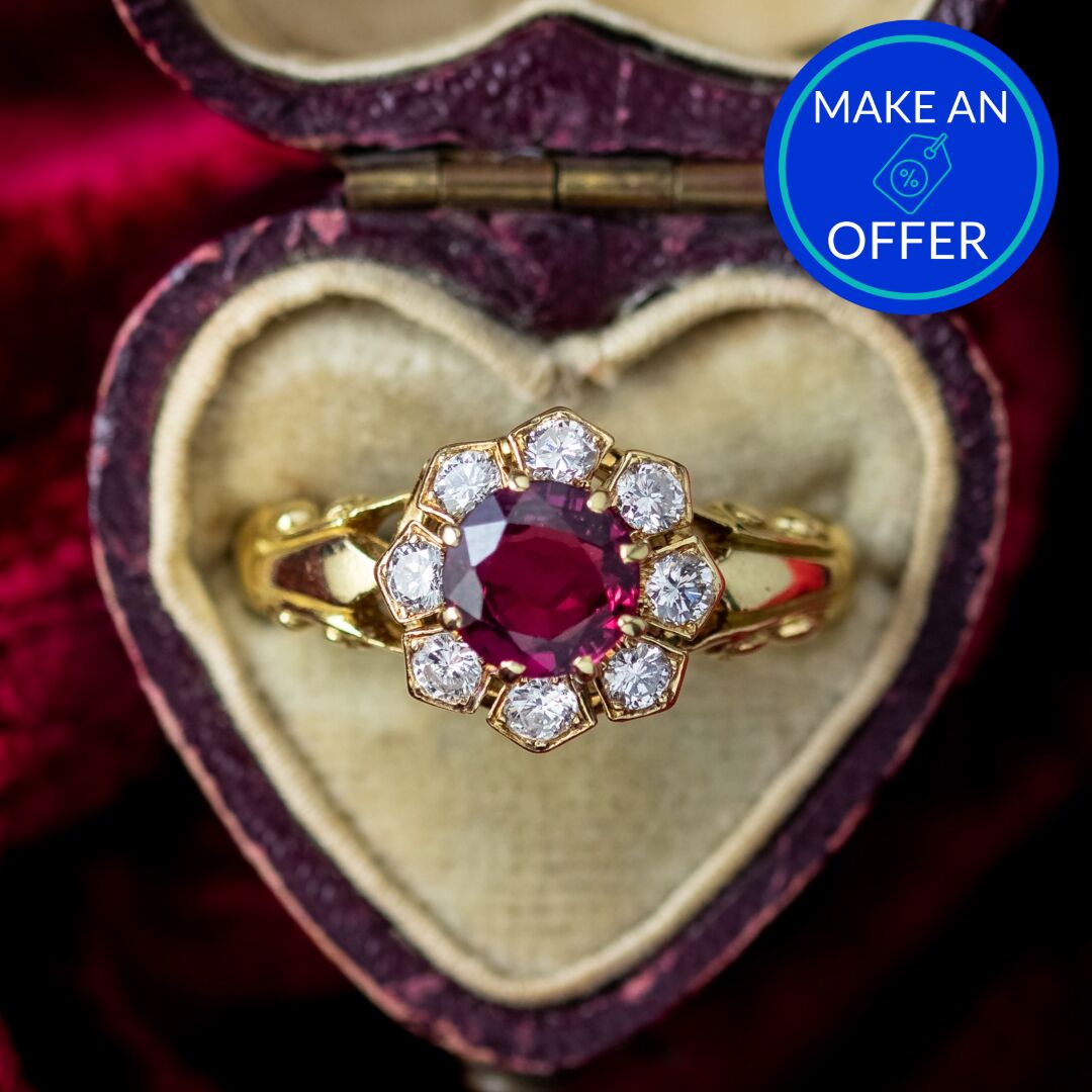 Vintage Ruby Diamond Cluster Ring Natural 1.13ct Ruby Dated 1977 With Cert