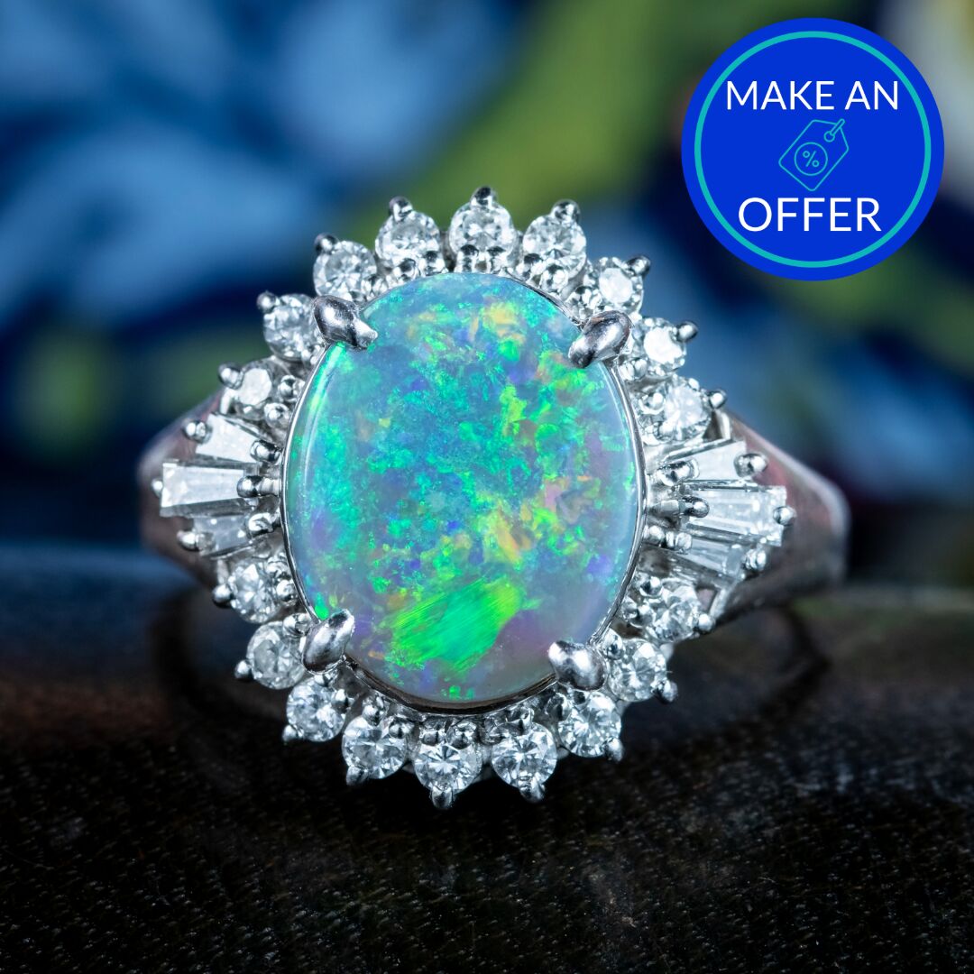 Vintage Black Opal Diamond Cluster Ring 2.64ct Natural Opal