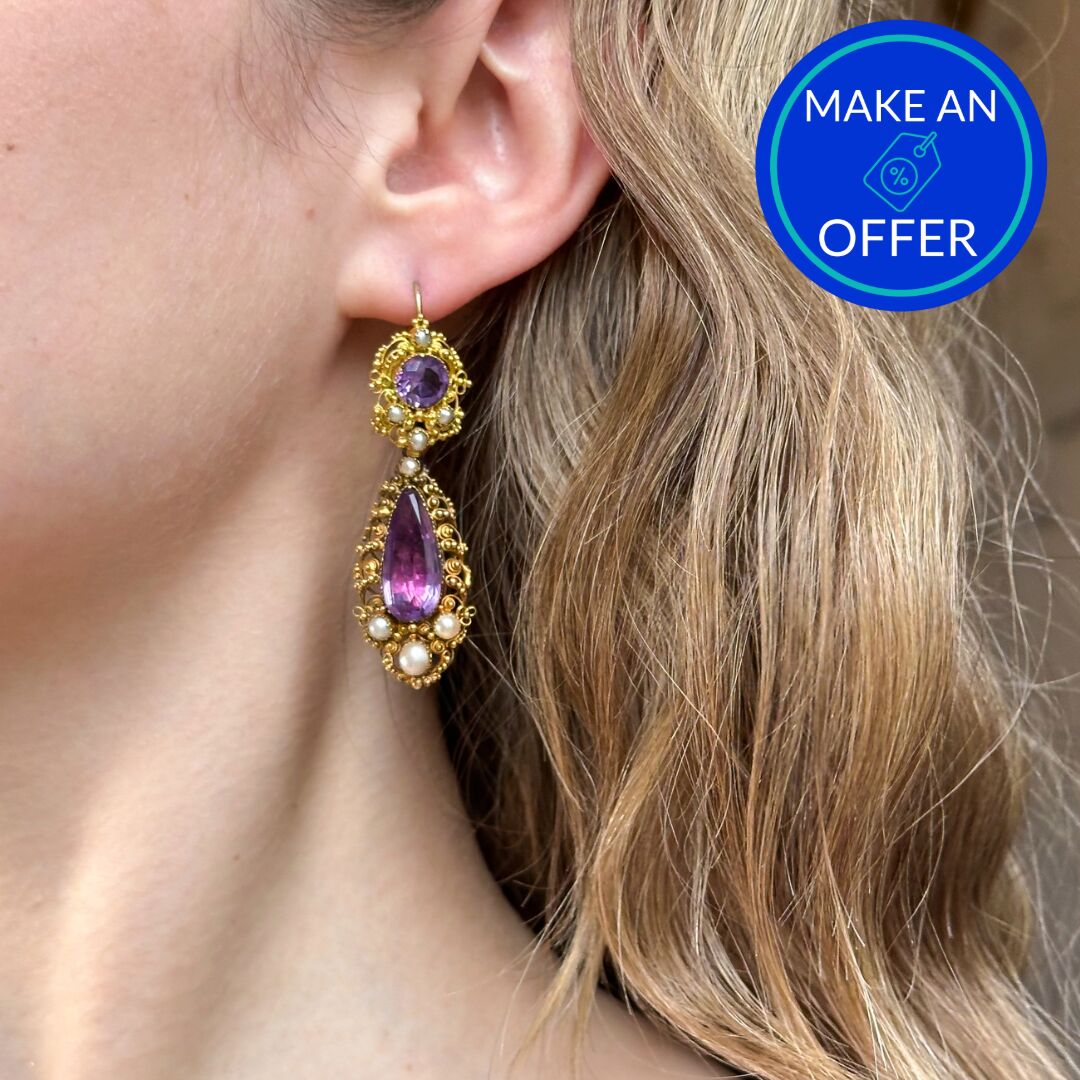 Antique Georgian Amethyst Pearl Drop Earrings 18ct Gold