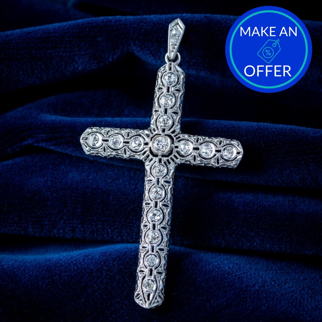 Antique Art Deco Diamond Cross Pendant 18ct Gold 1.4ct Total