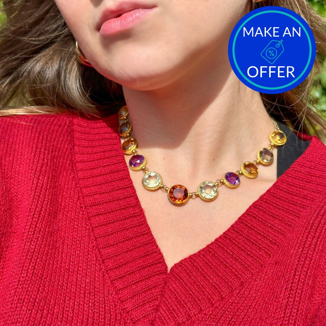 Antique Victorian Harlequin Gemstone Necklace 18ct Gold