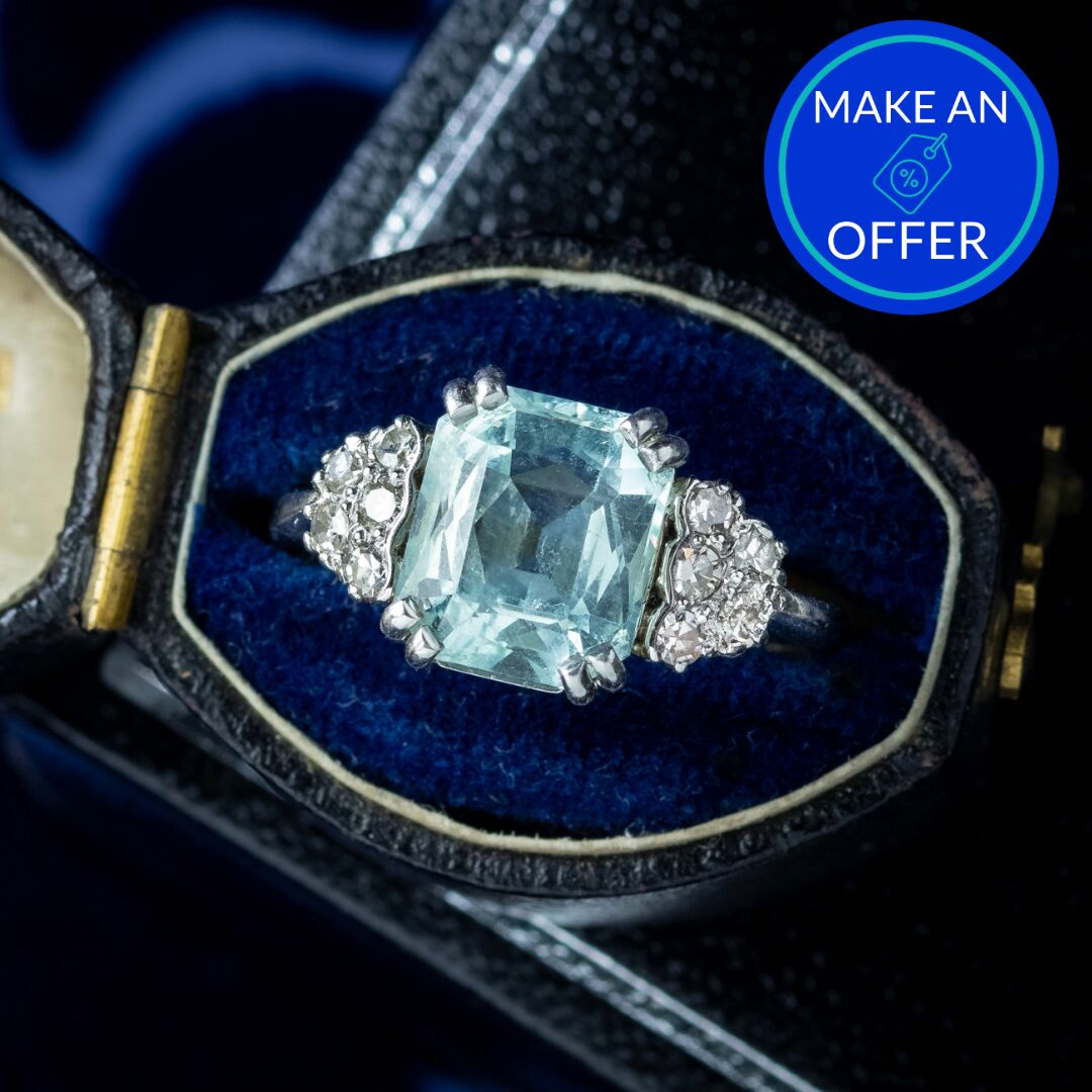 Vintage Aquamarine Diamond Ring 3ct Aquamarine