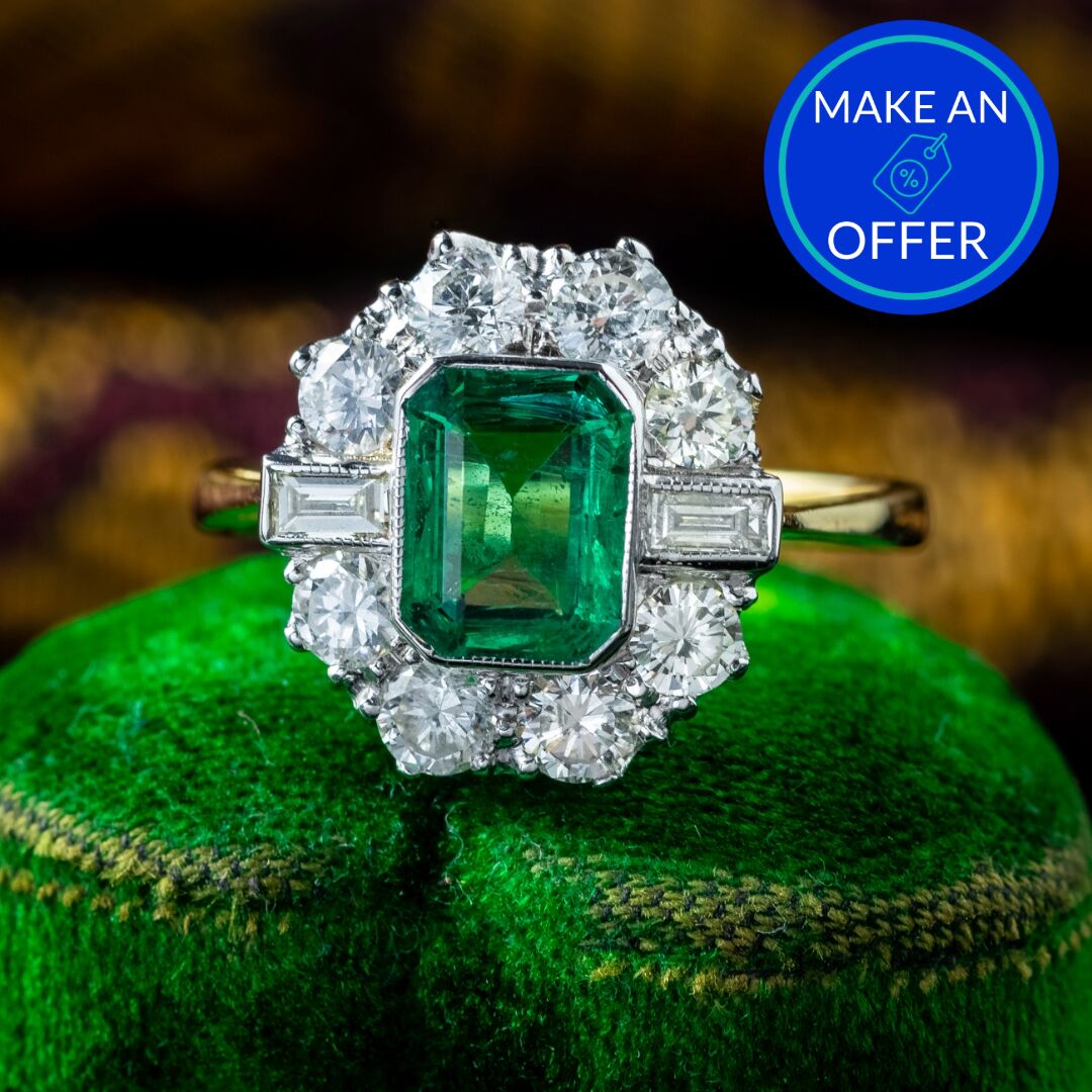 Art Deco Style Emerald Diamond Cluster Ring 1.3ct Emerald
