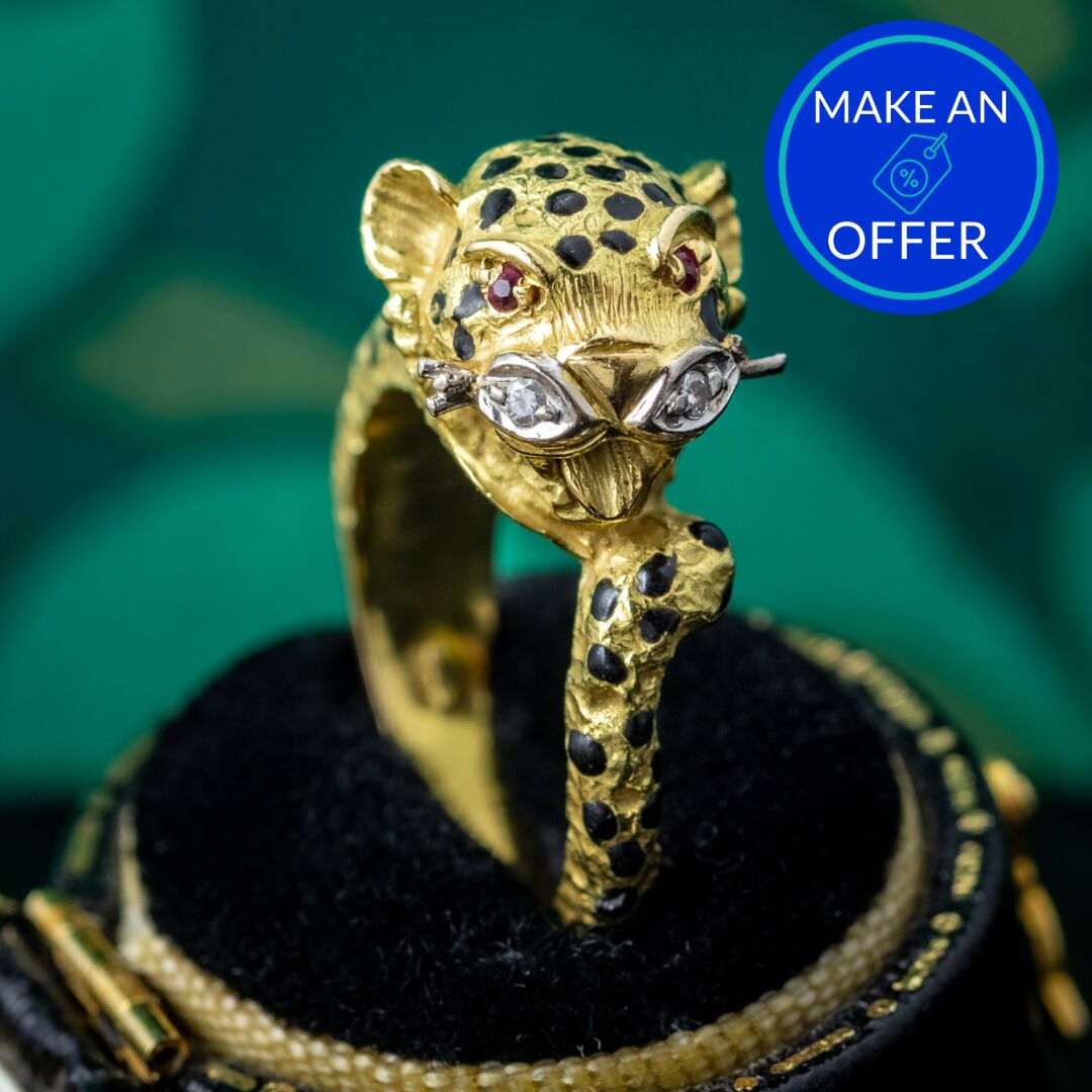 Vintage Style Leopard Ring Ruby Diamond 18ct Gold