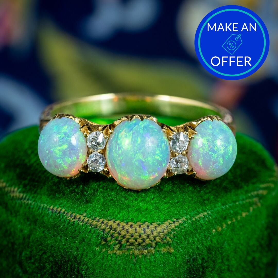 Antique Victorian Opal Diamond Trilogy Ring 2.8ct Opal